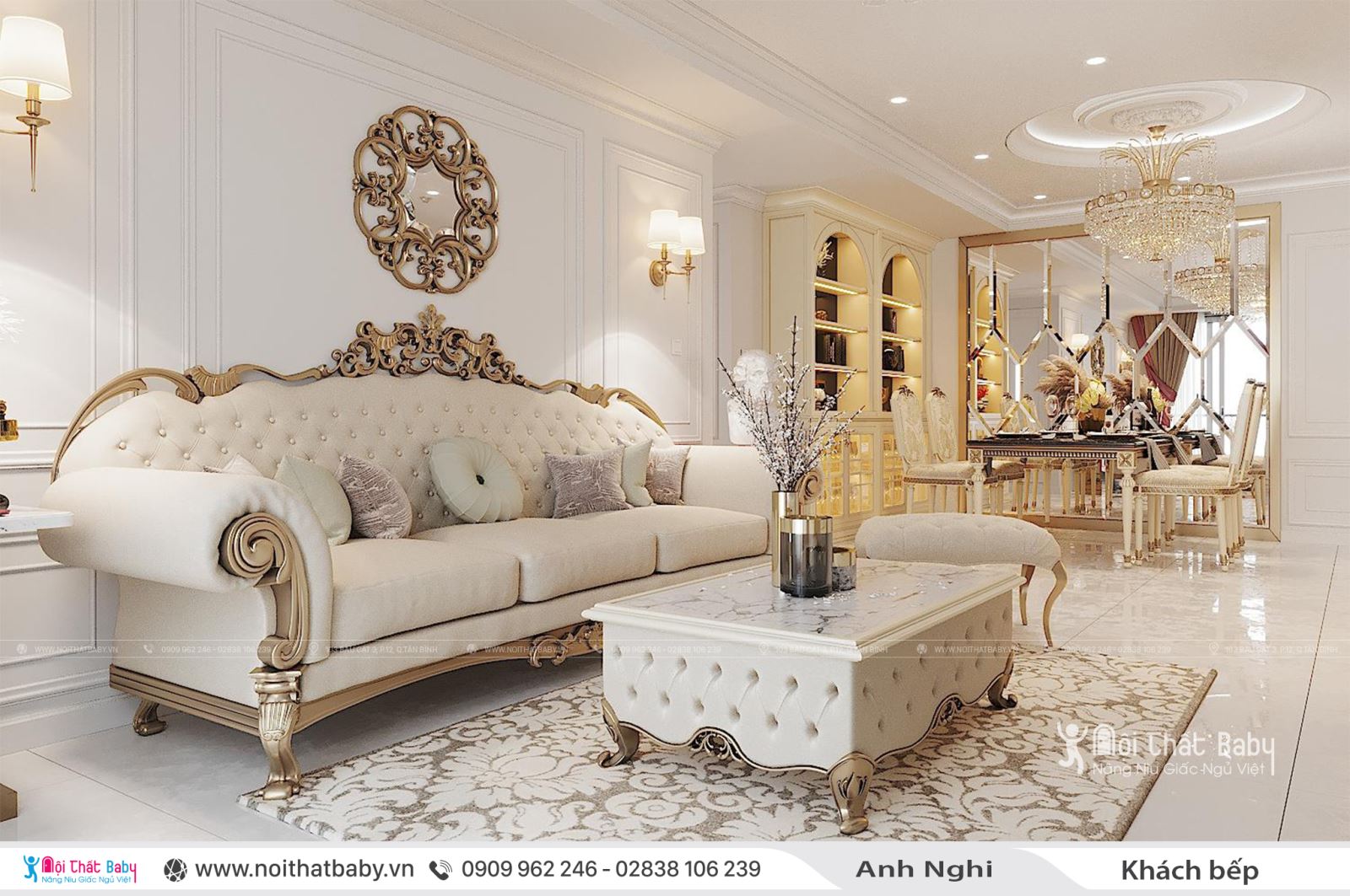 Thiết kế nội thất phòng khách bếp tân cổ điển đẹp tại Emerald Celadon City 104m2